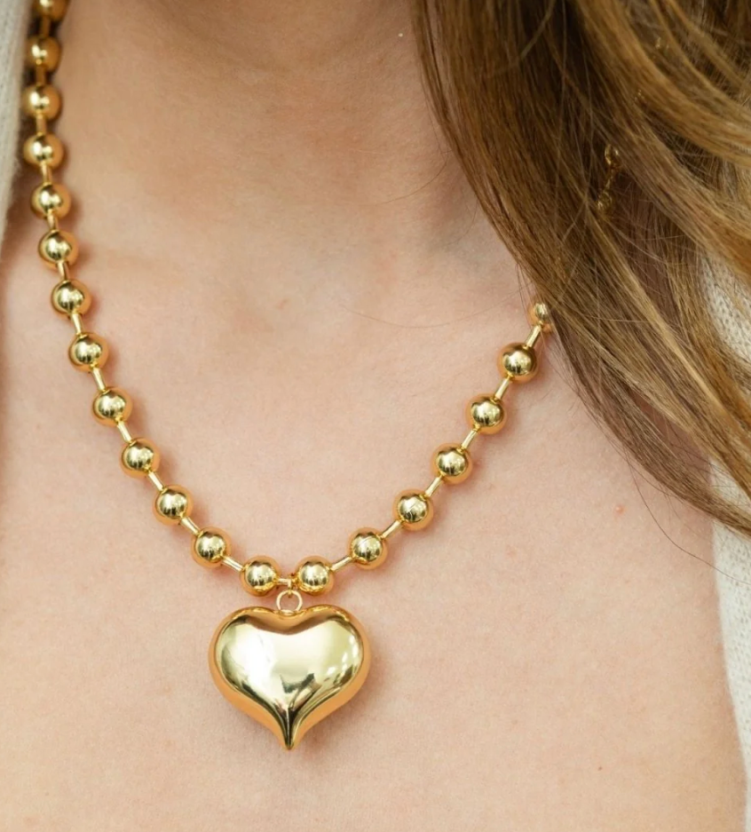Necklace -Large bubble heart pendant on 8mm ball chain , Gold