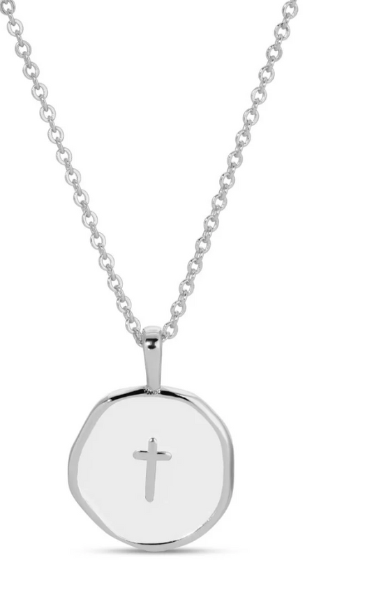 Necklace - Tiny cross on white enamel pendant, Silver