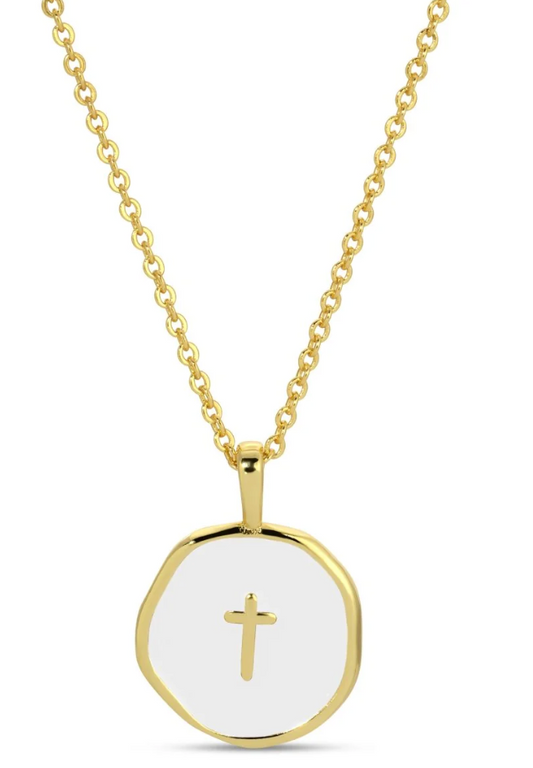 Necklace - Tiny cross white enamel pendant, Gold