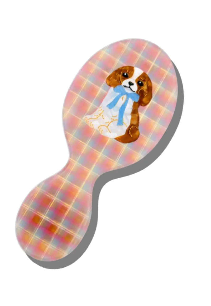 HAND-PAINTED KING CHARLES PUPPY HANDBAG HERO BRUSH