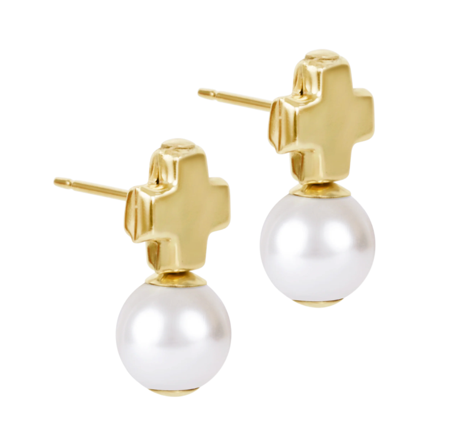 Signature Cross Small Gold Stud - Classic Pearl