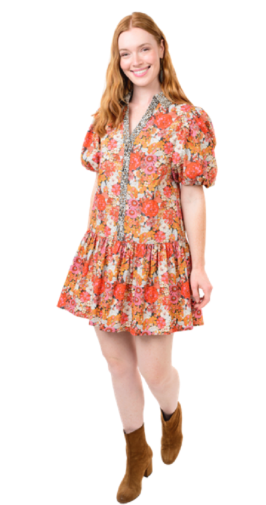 LEOPARD TRIM FLORAL DRESS