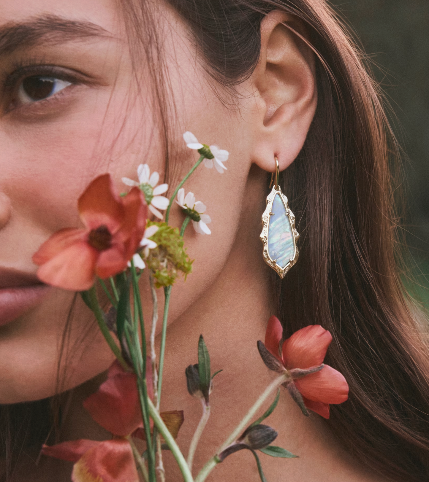 ADRIANA SCALLOP FRAME DROP EARRINGS GOLD SKY BLUE IRIDESCENT ABALONE