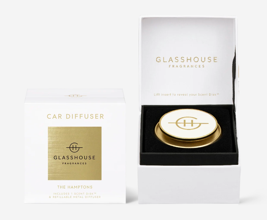 Gold Car Diffuser with 1 Replacement Scent Disk - THE HAMPTONS