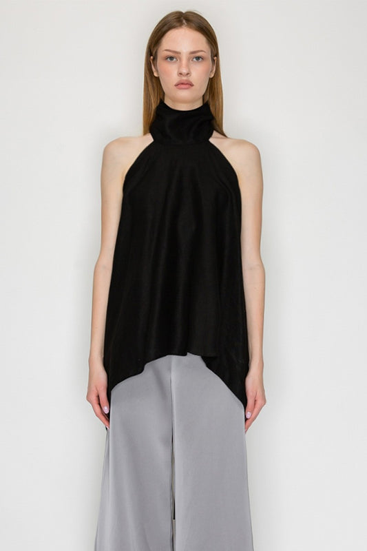 BACK OPEN HALTERNECK LINEN TOP