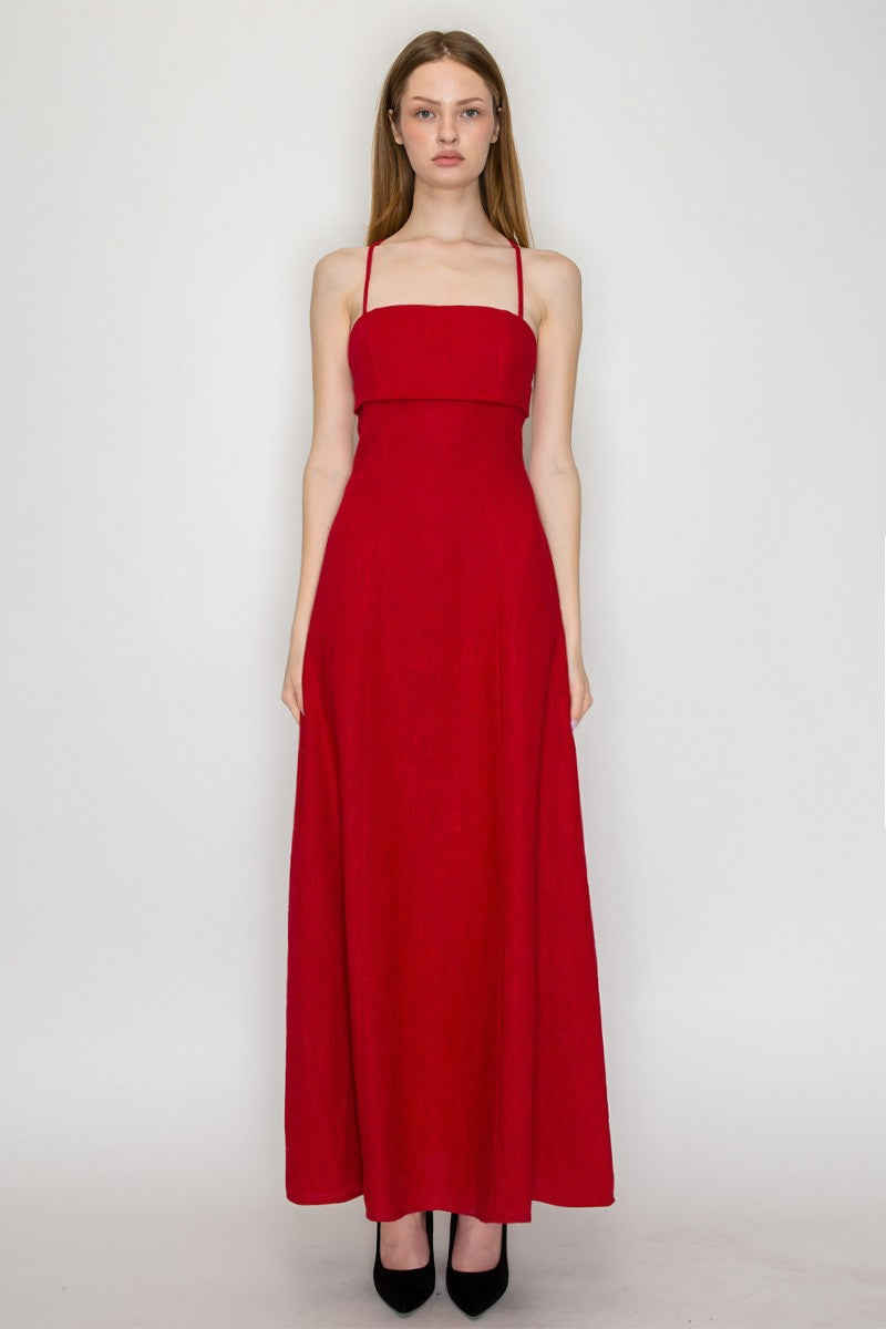 LINEN TIE BACK MIDI DRESS