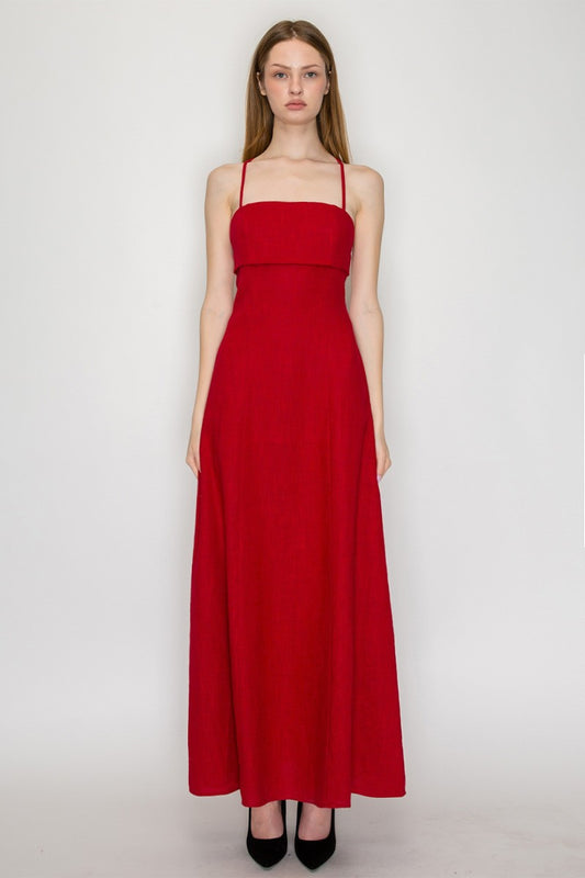 LINEN TIE BACK MIDI DRESS
