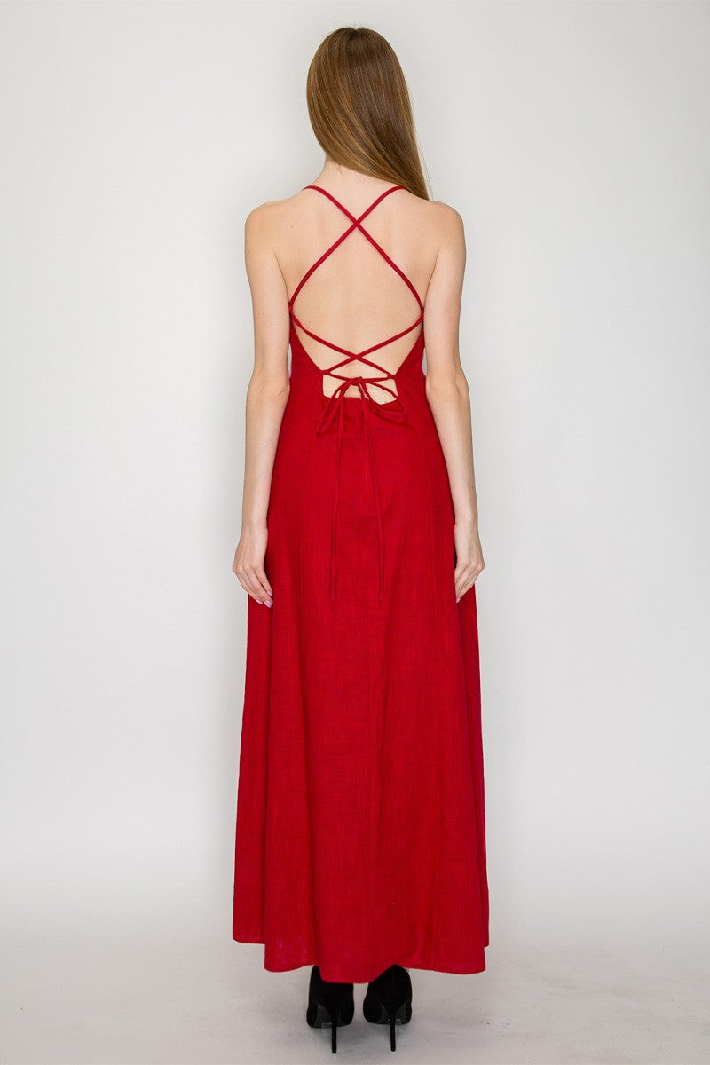 LINEN TIE BACK MIDI DRESS