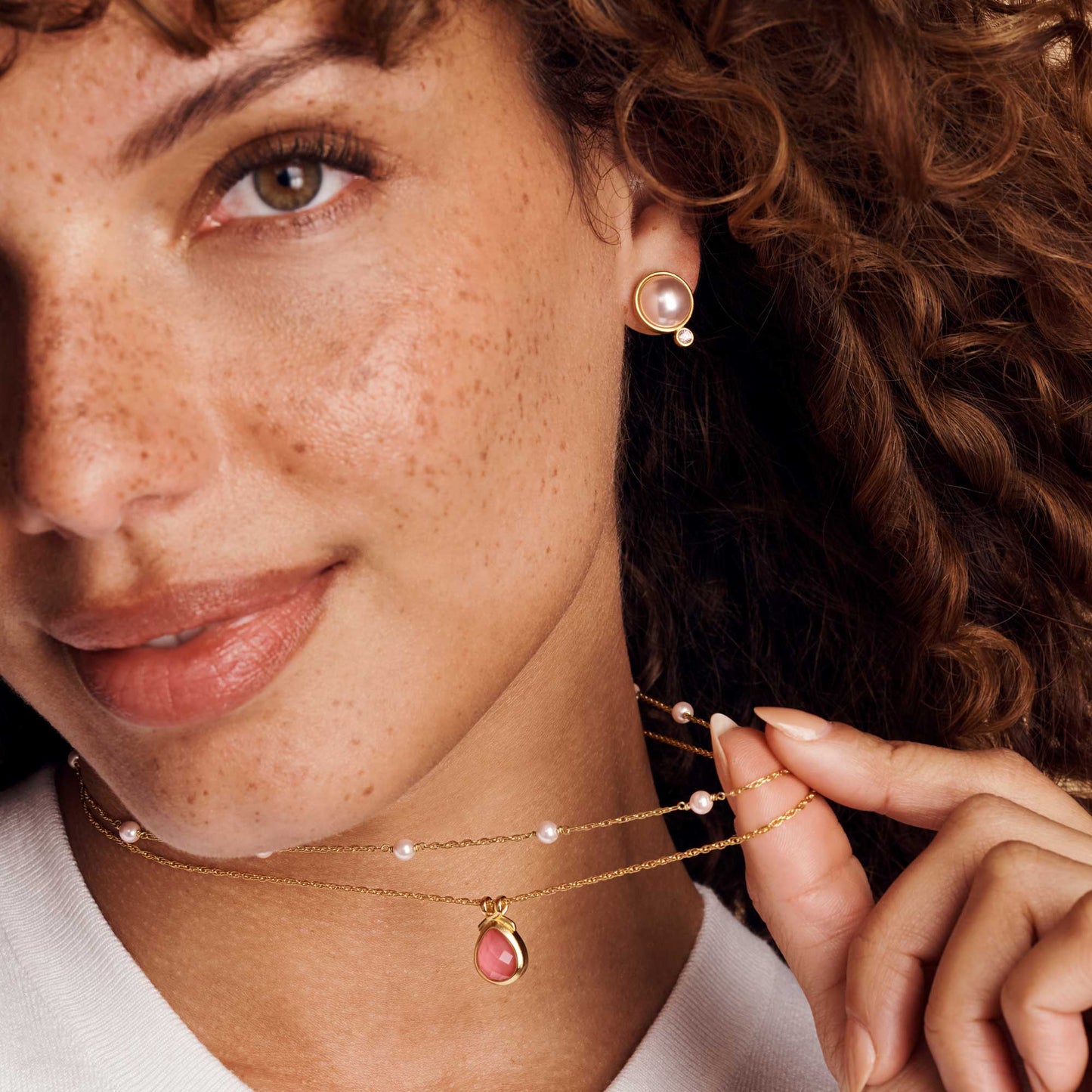 The Pink Delicate Station Necklace-Pink Pearl-OS