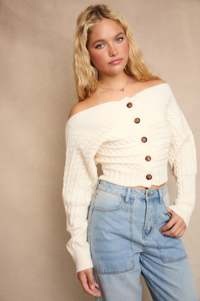 OFF-SHOULDER BUTTON DOWN SWEATER