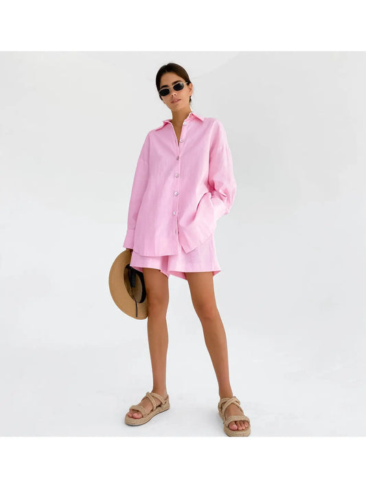 Ladies Solid Color Shirt Shorts 2PCS SET