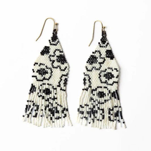 Delilah poppies beaded fringe earrings ivory/black