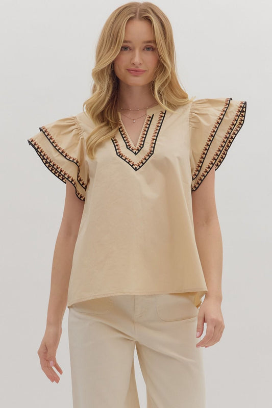 Solid layered ruffle flutter sleeve top