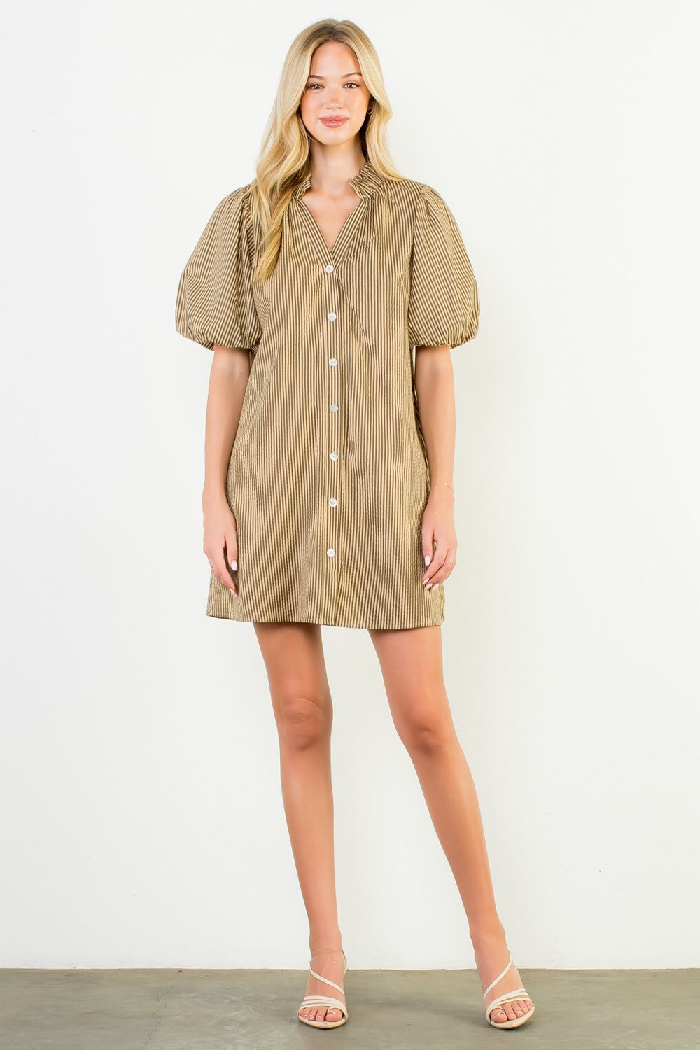 PUFF SLEEVE STRIPED BUTTON UP DRESS