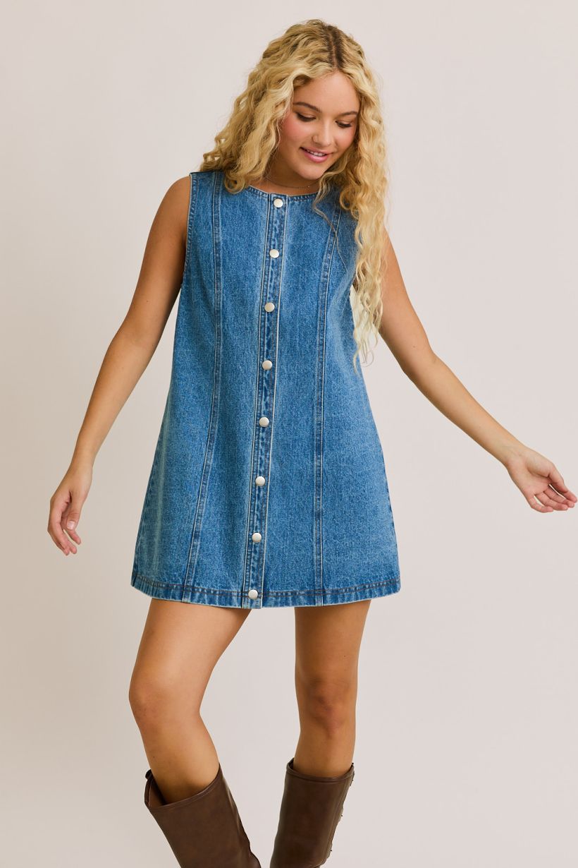 SLEEVELESS ROUND NECK DENIM MINI DRESS