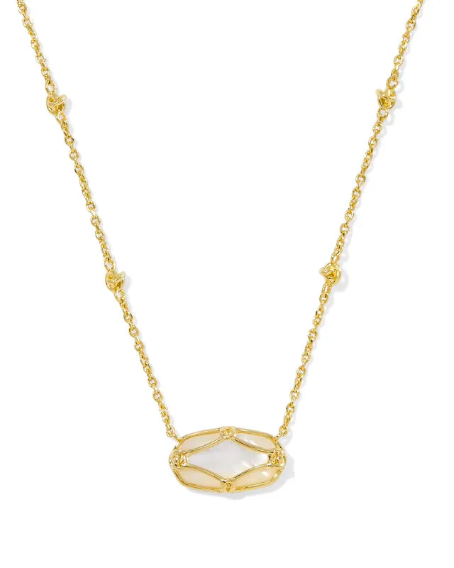 ELISA LATTICE FRAME SHORT PENDANT NECKLACE GOLD IVORY MOTHER OF PEARL