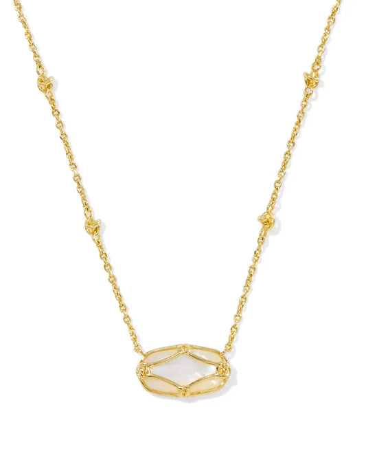 ELISA LATTICE FRAME SHORT PENDANT NECKLACE GOLD IVORY MOTHER OF PEARL