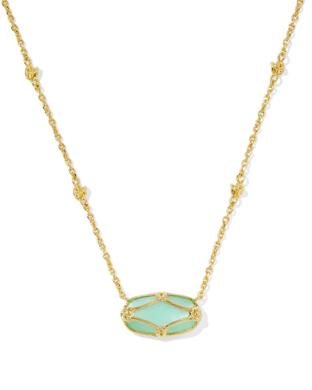 ELISA LATTICE FRAME SHORT PENDANT NECKLACE GOLD LIGHT GREEN MOTHER OF PEARL
