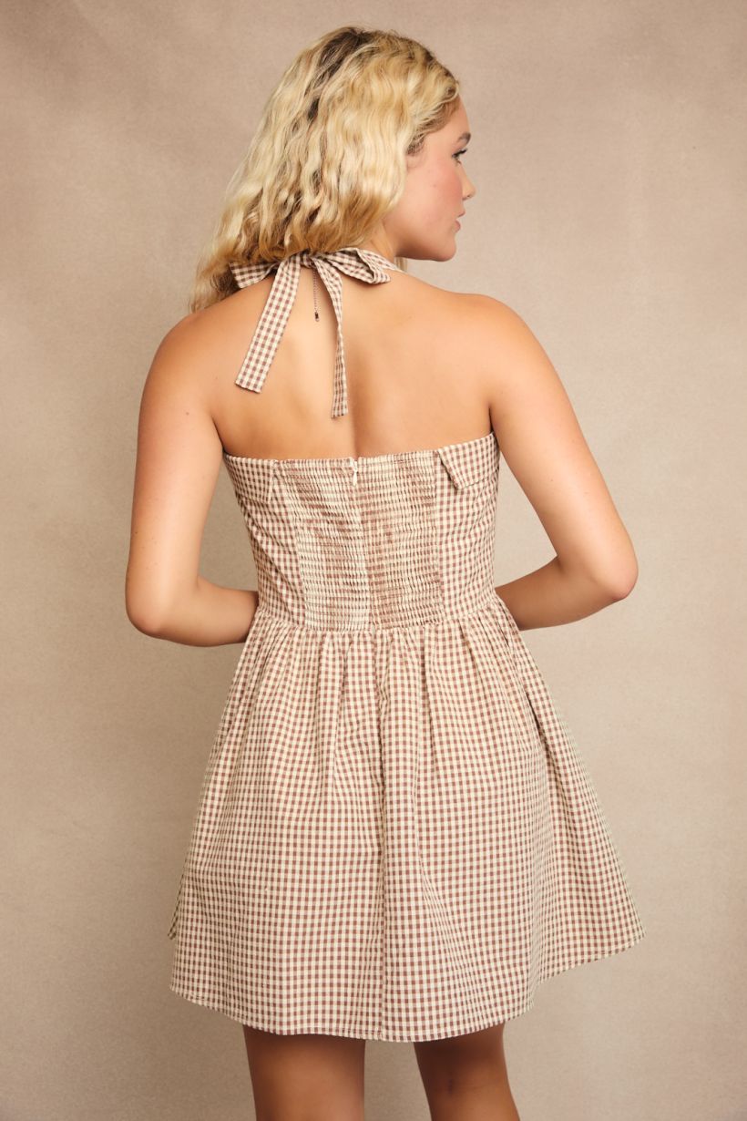 HALTER MINI DRESS WITH BLACK SMOCKING