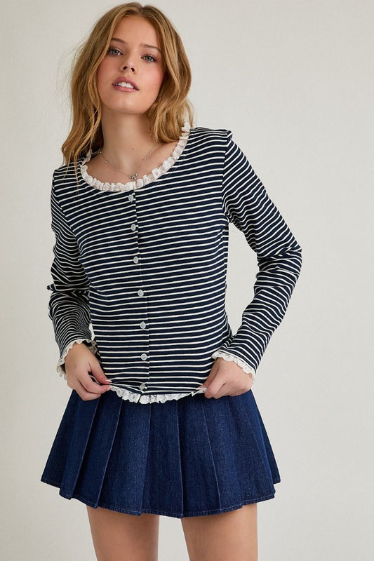 LONG SLEEVE STRIPE CARDIGAN WITH TRIM DETAIL