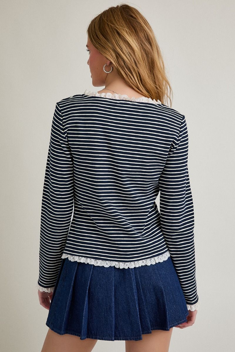 LONG SLEEVE STRIPE CARDIGAN WITH TRIM DETAIL
