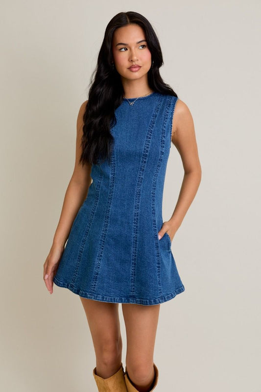ROUND NECK SLEEVELESS DENIM DRESS