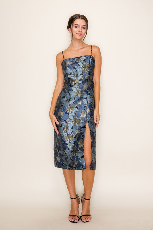 BLUE FLORAL JACQUARD SLIT MIDI DRESS