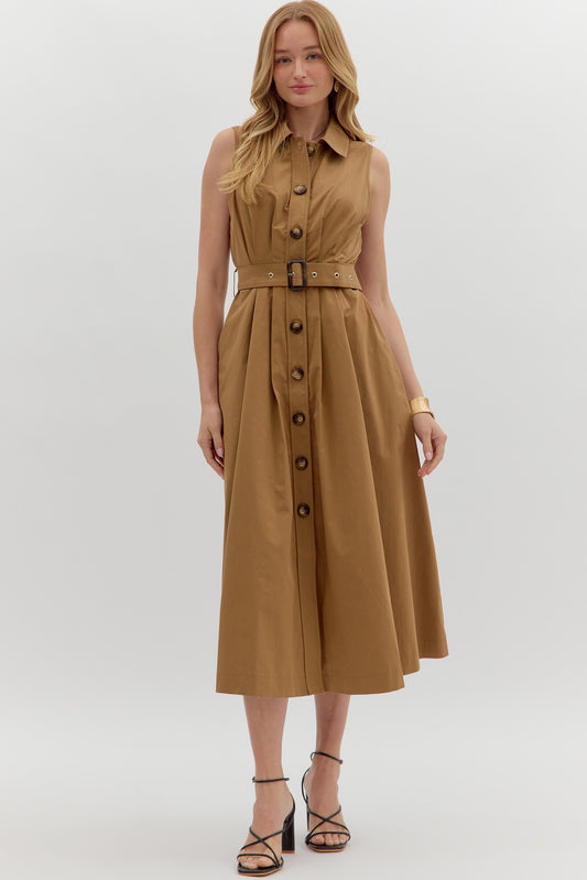 Solid sleeveless pleated midi dress
