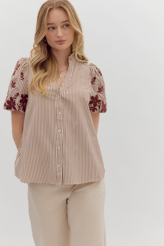 Stripe pattern V-neck ruffle top