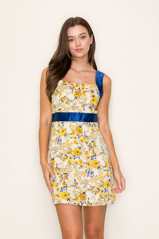 Open Back Floral Jacquard Mini Dress