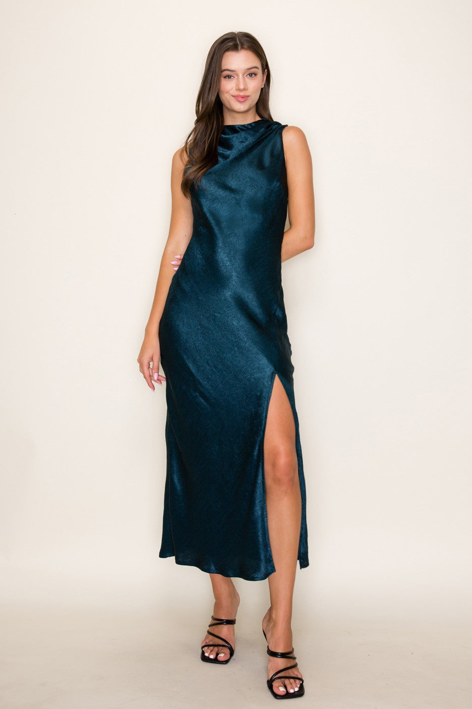 COWL NECK SATIN MIDI DRESS