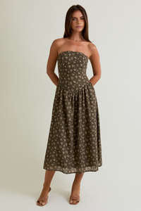 DROP WAIST LACE TRIM MIDI DRESS