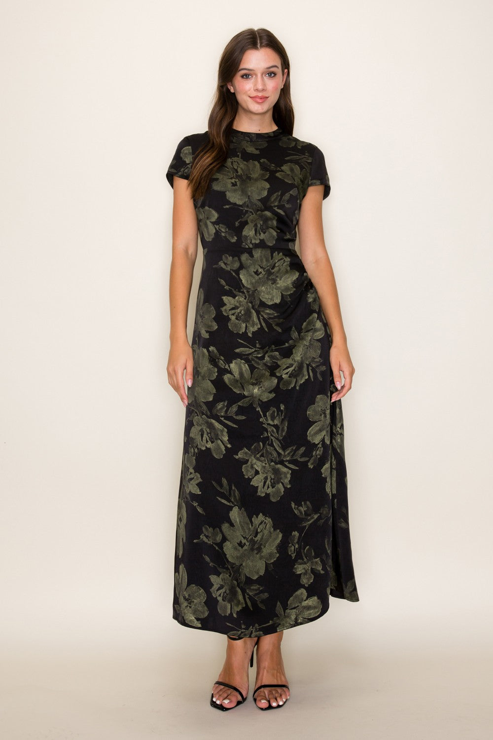 Floral Print Foil Cap Sleeve Midi Dress