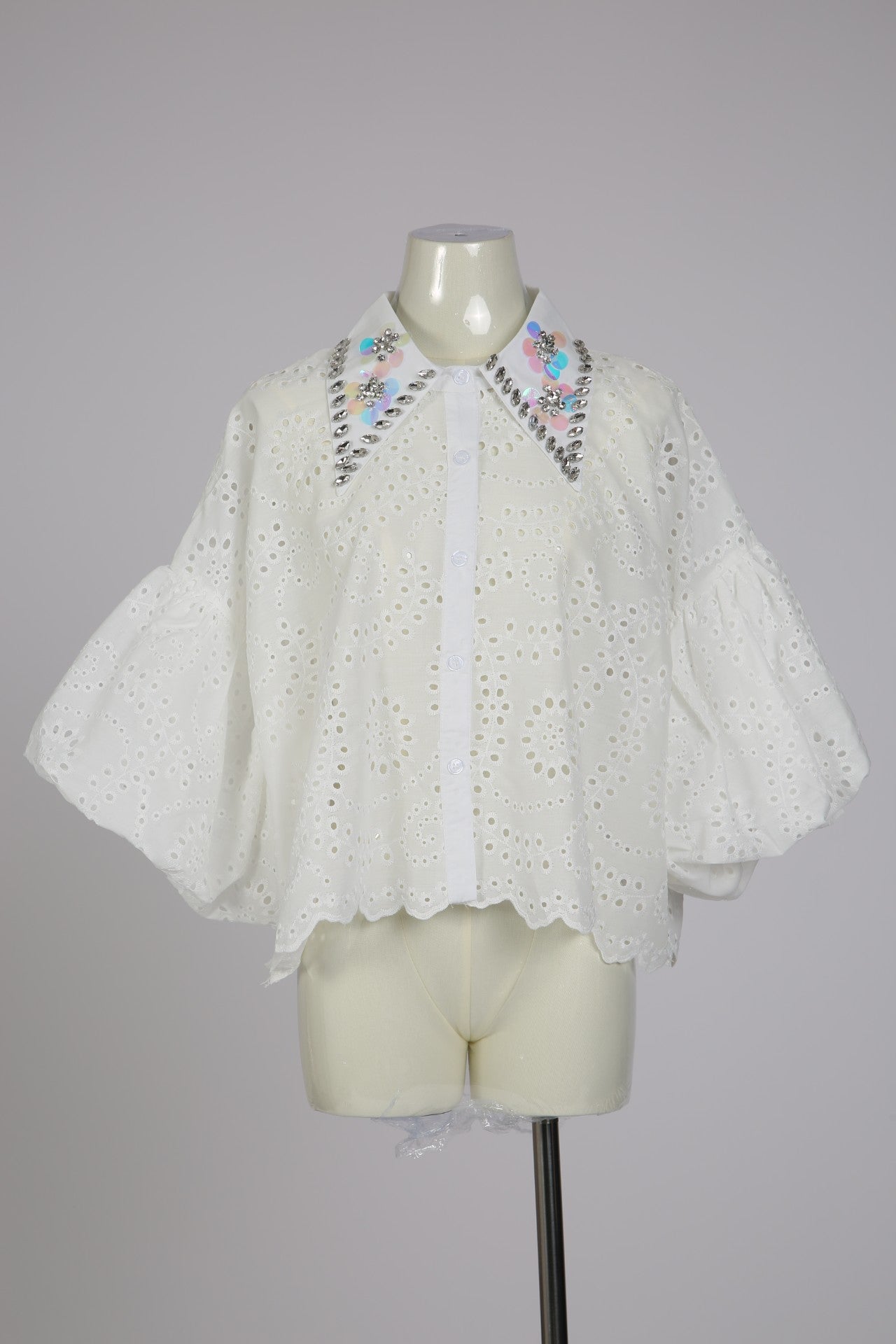 Iridescent Sequined & Embellished Eyelet Blouse