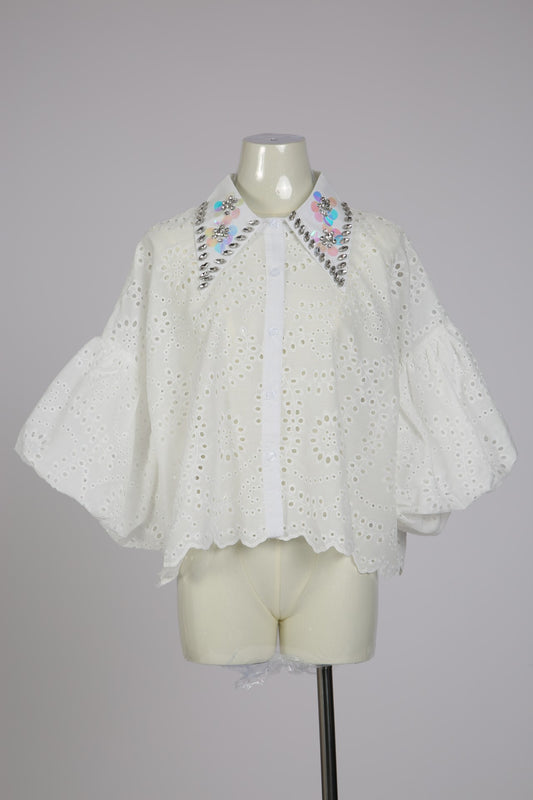 Iridescent Sequined & Embellished Eyelet Blouse