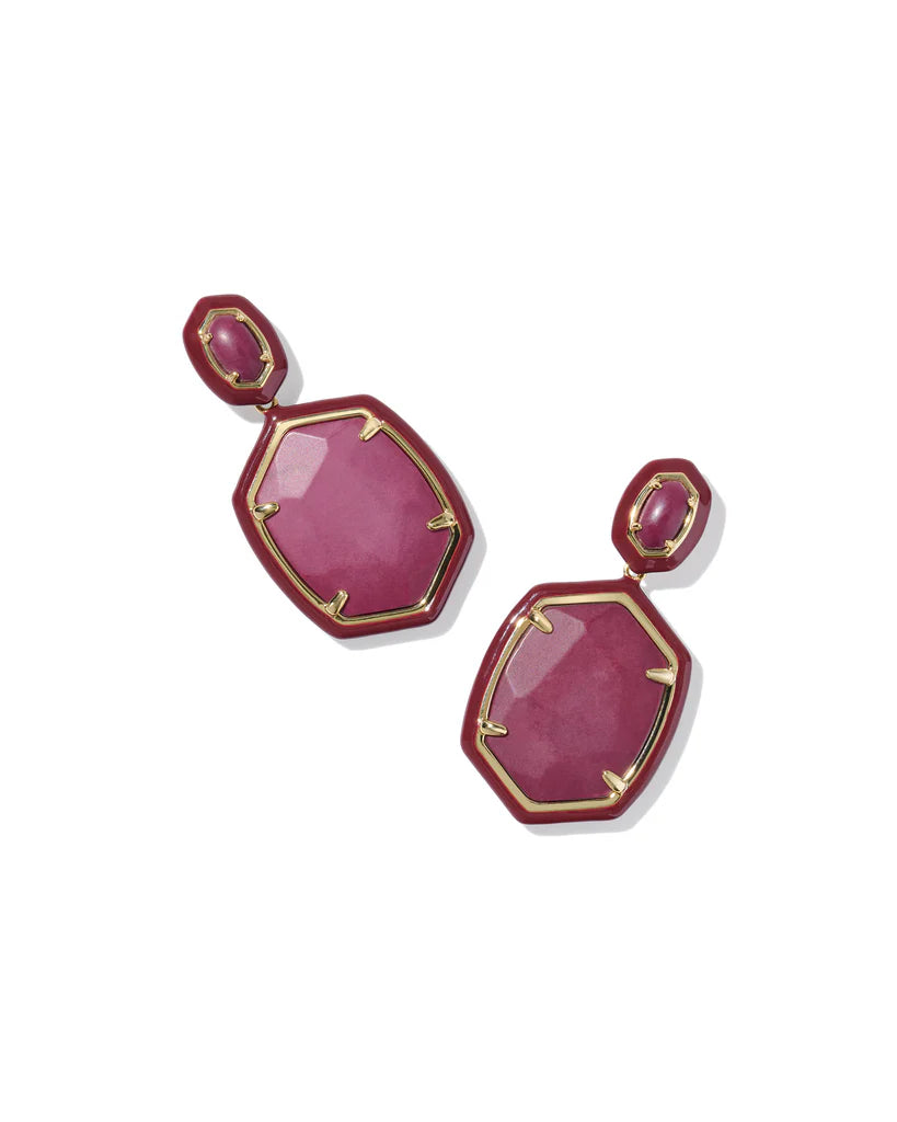 DAPHNE ENAMEL FRAME DROP EARRINGS GOLD MAROON MAGNESITE