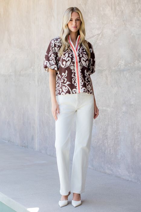 PUFF SLEEVE PRINT DETAIL TOP